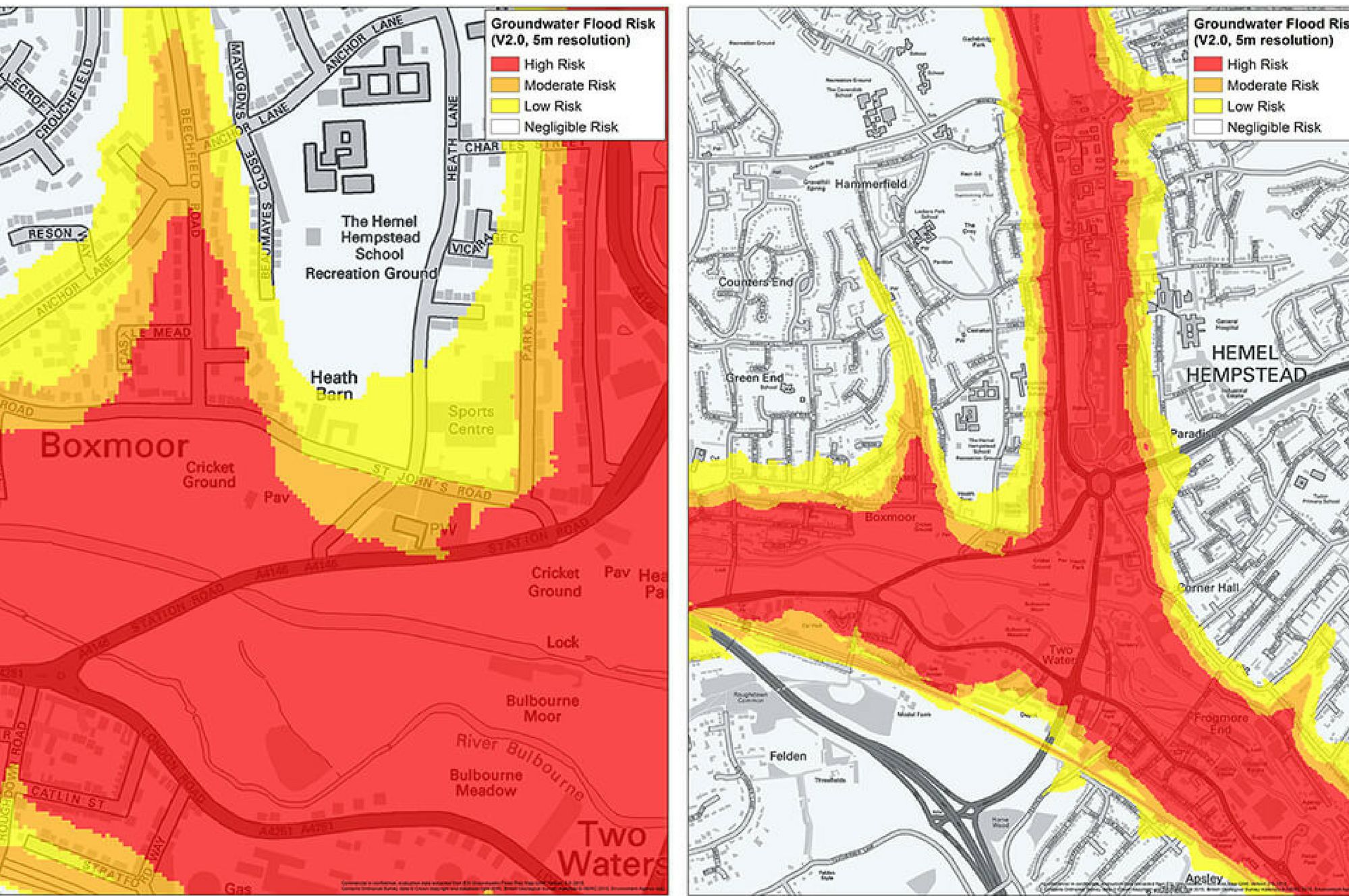 is an example of a GW5 groundwater flood risk map of Hemel Hempstead The advanced resolution is achieved using a 5m horizontal grid resolution which